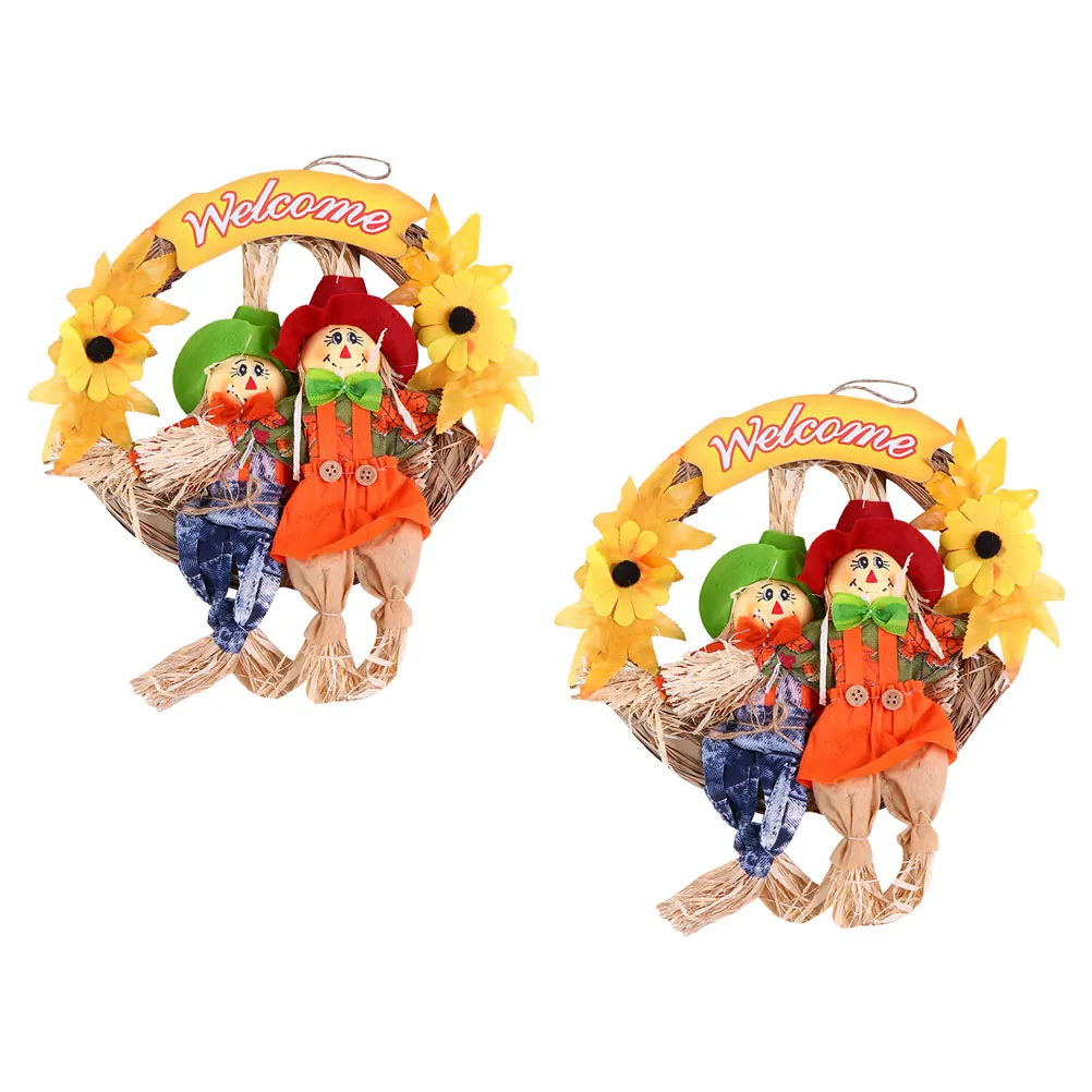 

2pcs Scarecrow Wreath Halloween Garland Outdoor Ornaments Autumn Decor Straw Cloth Pendant Harvest Atmosphere Party Door