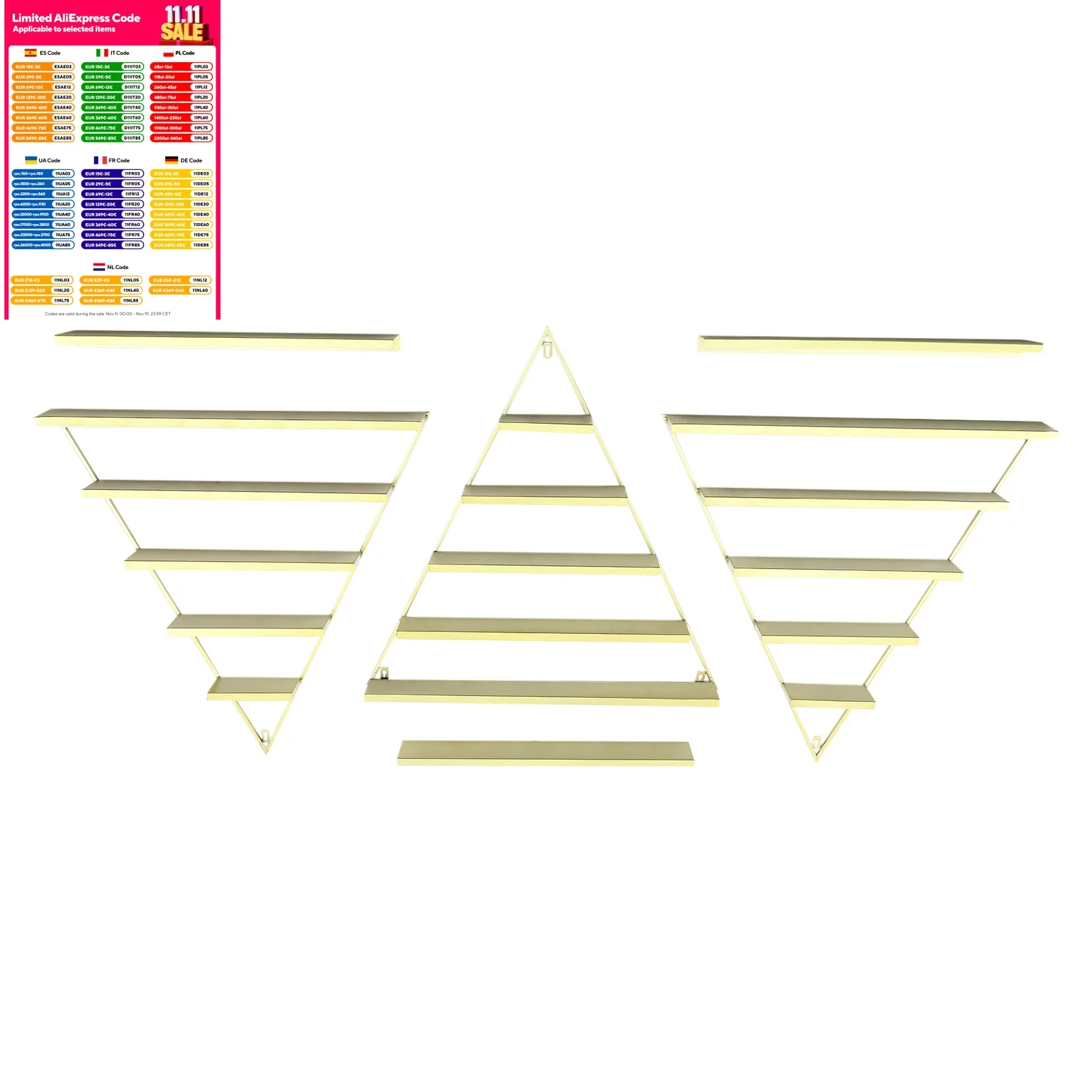 

Настенная полка для лака для ногтей, набор из 6 шт., золотые треугольные полки для косметической витрины для лака для ногтей, органайзер для флаконов духов