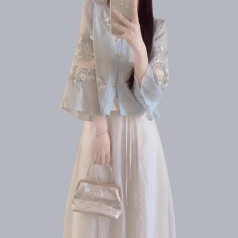 Summer New Women Clothing New Chinese Style Fashion Chinese Style Set Elegant Temperament Tops Half Body Long Skirt Two Pieceset image 2
