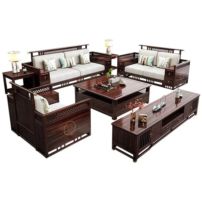 Ebony sofa new Chinese solid wood living room full set combination, all solid wood winter and summer dual-purpose