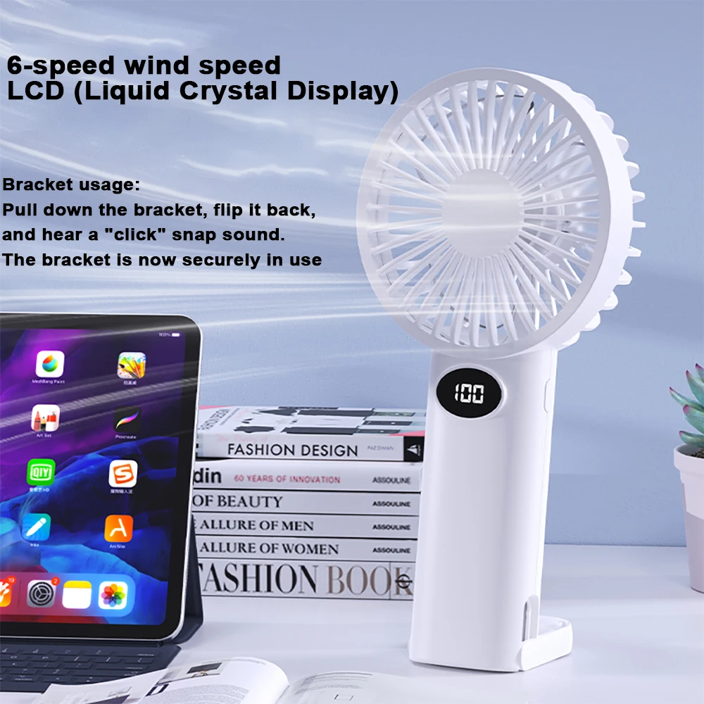 Handheld/Desk-Stand/Overhead Multi-Functional Small Fan with LCD Display and 6 Wind Speed Levels image 6
