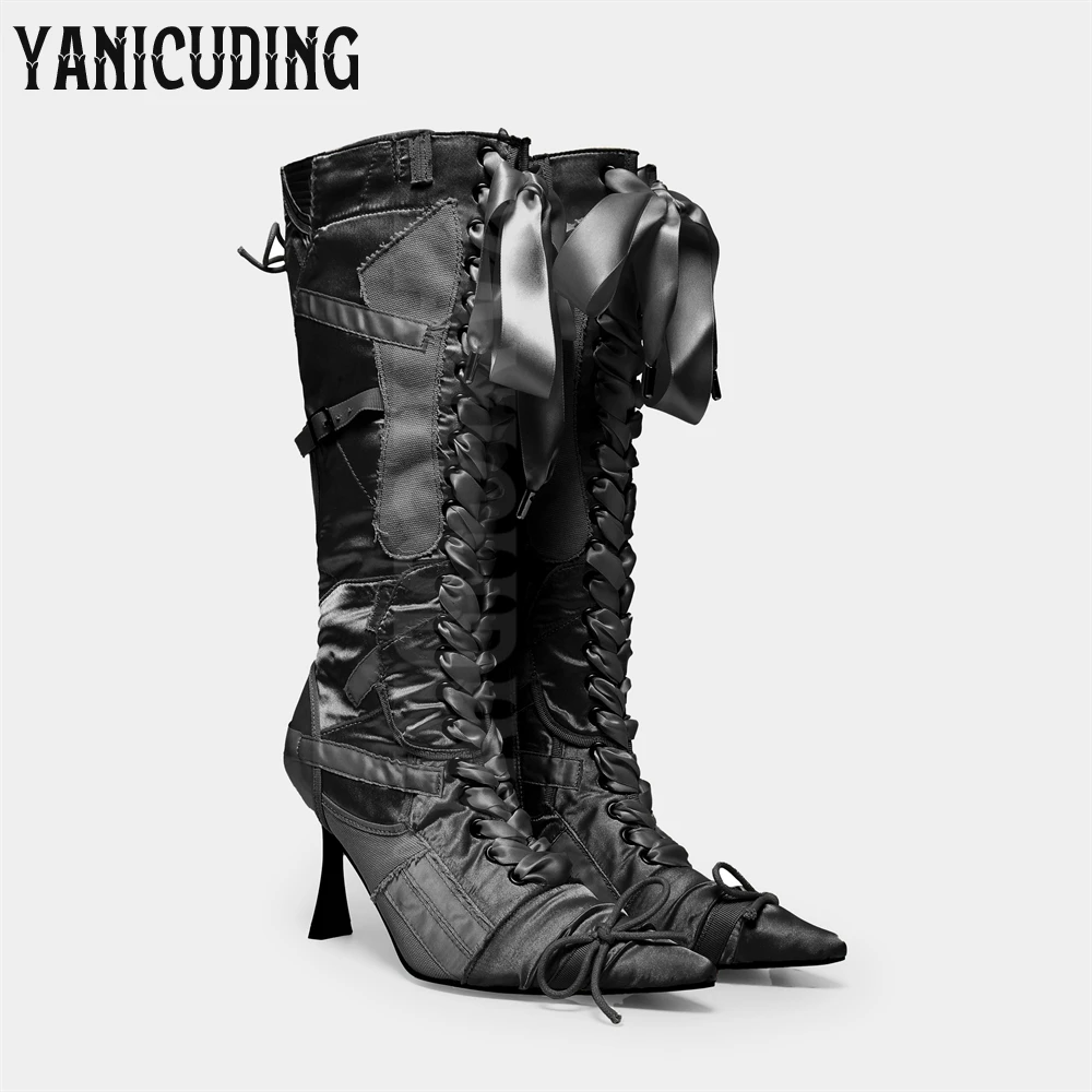 

Black Satin Ribbons Knee Boots Side Full Length Zipper Closure Handmade Boots Buckled Ribbon Bow Luxury Style Straps Women Boots