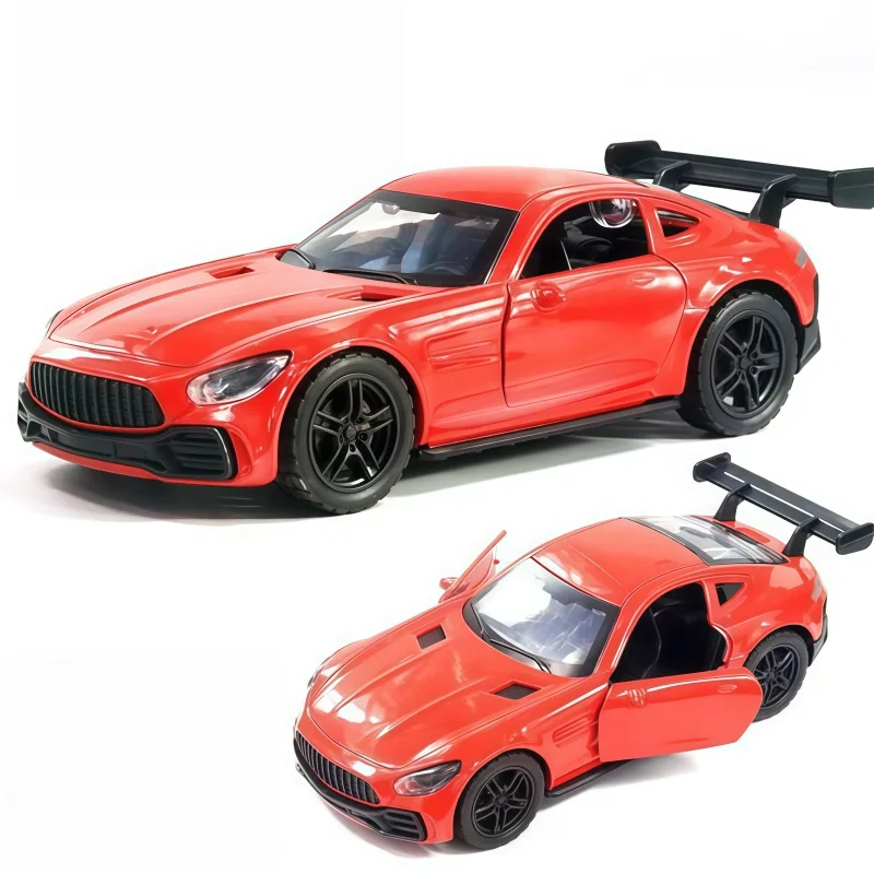 1:36 scale alloy sports car model, cast racing car with openable doors, pull-back metal toy car with rear spoiler, suitable for view 2