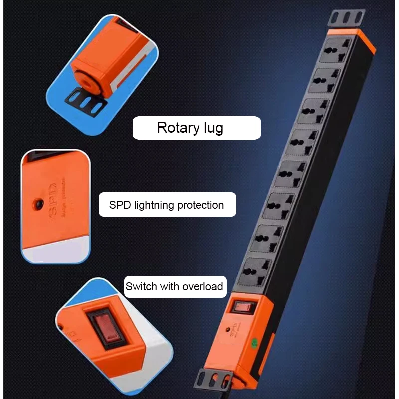 PDU cabinet mount socket 8Ways socket plastic case power strip 10A switch overload protection Rotary lug cabinet installation