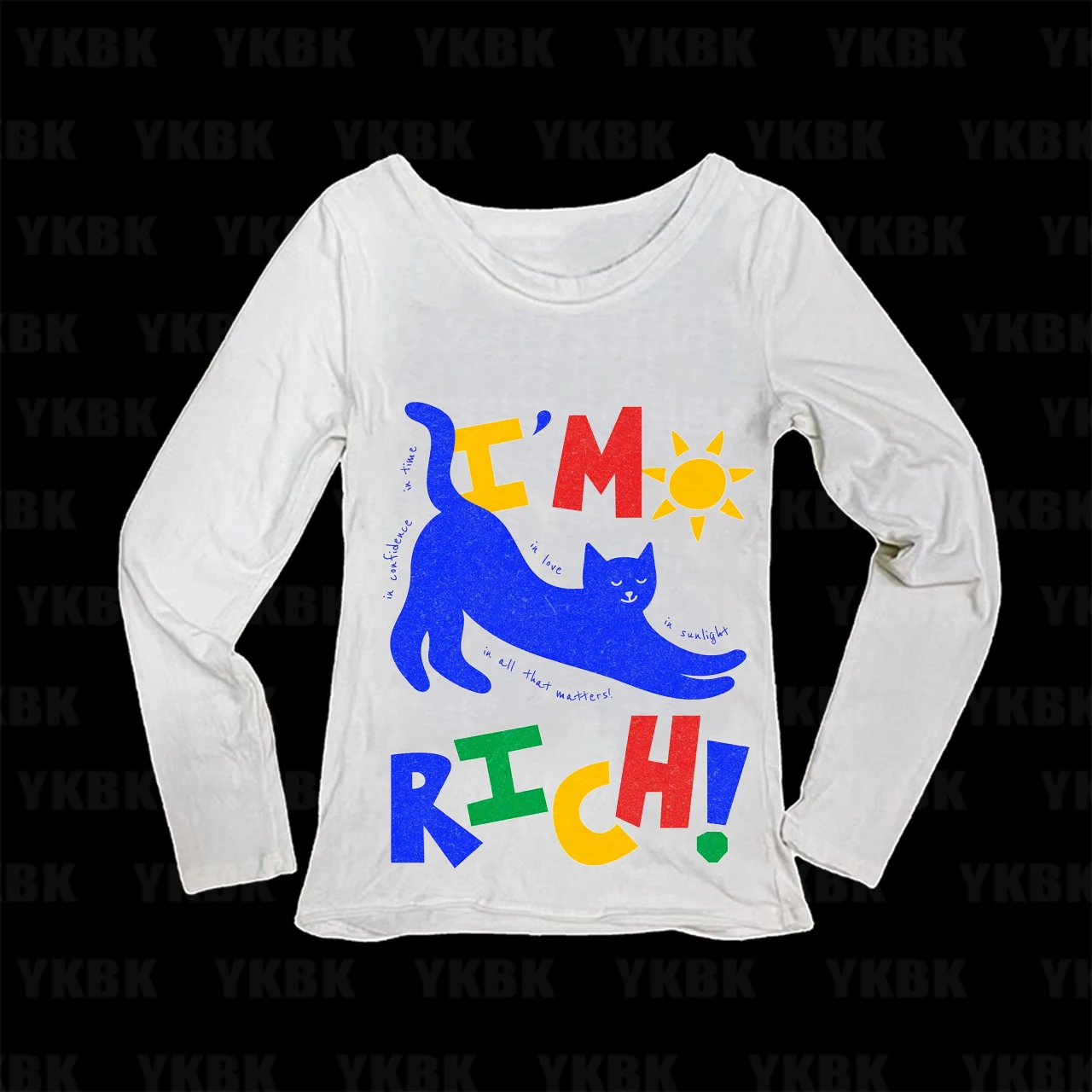 Y2K Retro Funky I'm Rich Color Cat Sun Print Women Long Sleeve T-Shirt O-Neck Slim Fit Graphic Casual Tops