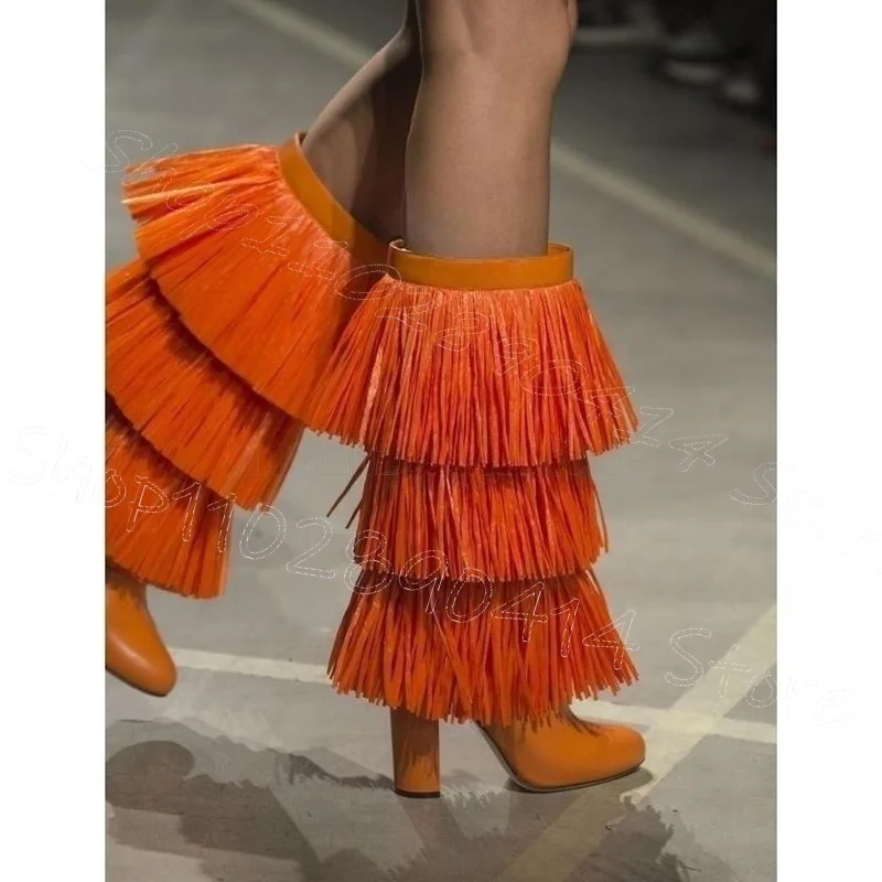 

Orange Stratified Tassels Pointed Toe Boots Elastic Band Women Shoes Chunky High Heels New Party Runway 2025 Zapatos Para Mujere