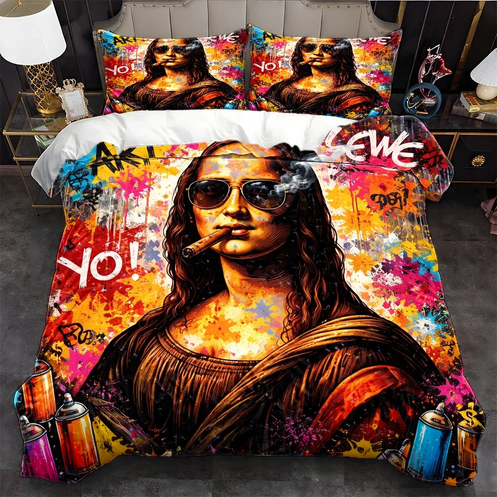 Street Fashion Roma - 3-delige trendy Mona Lisa graffiti-stijl dekbedovertrekset,