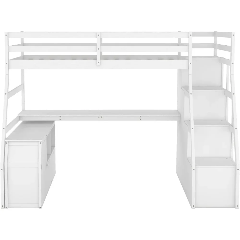 Cama doble tipo loft. Cama alta doble con escaleras y escritorio, marco de cama alta de madera con cajones y gabinete de almacenamiento, cama alta con almacenamiento