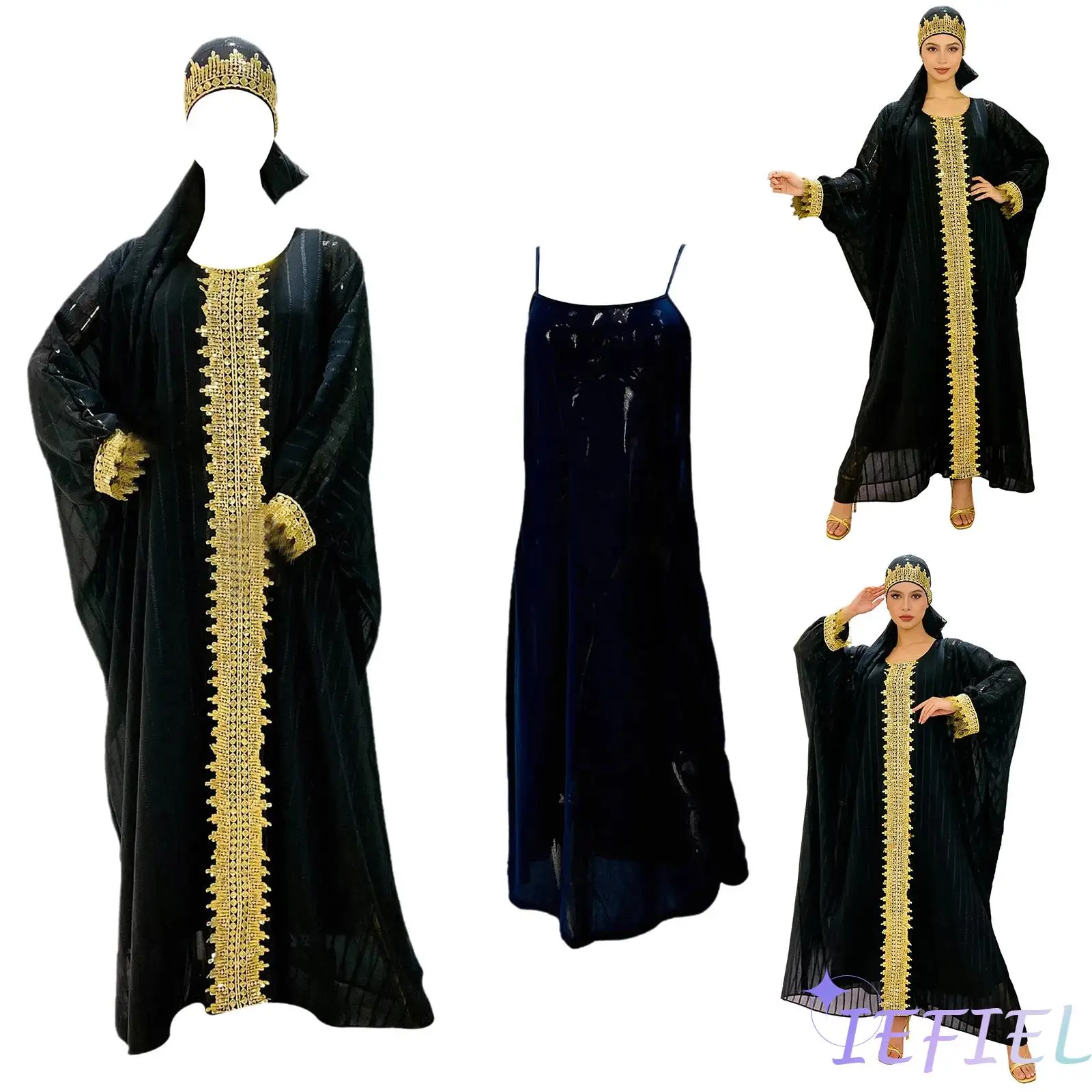 

Arabian Style Muslim Islamic Outfit Sets for Women Baselayer Sling Dress Gold Trim Long Sleeve Kaftan Abaya Robe with Hijab