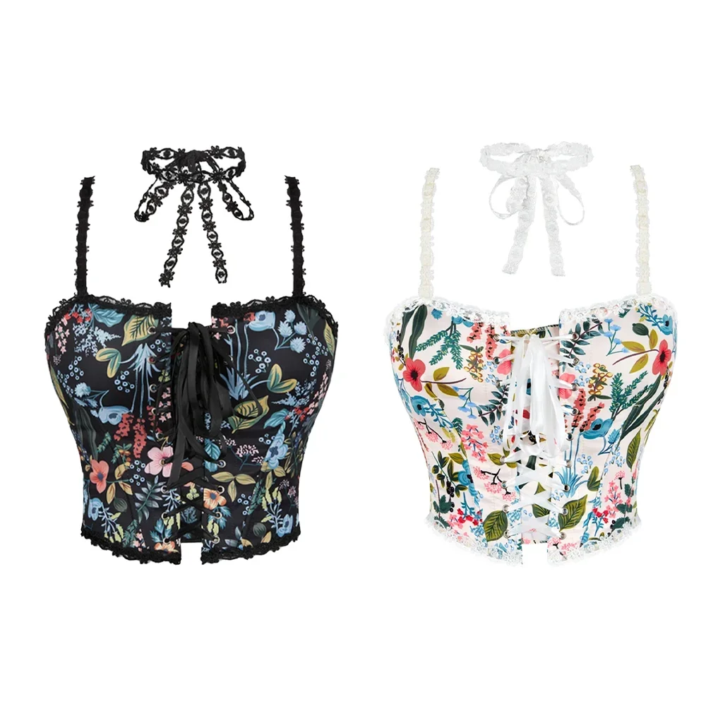 

Женский корсет с кружевными бретелями, корсет на шнуровке с цветочным принтом, новый модный корсет с принтом на бретелях, укороченная майка на бретельках, элегантное бюстье