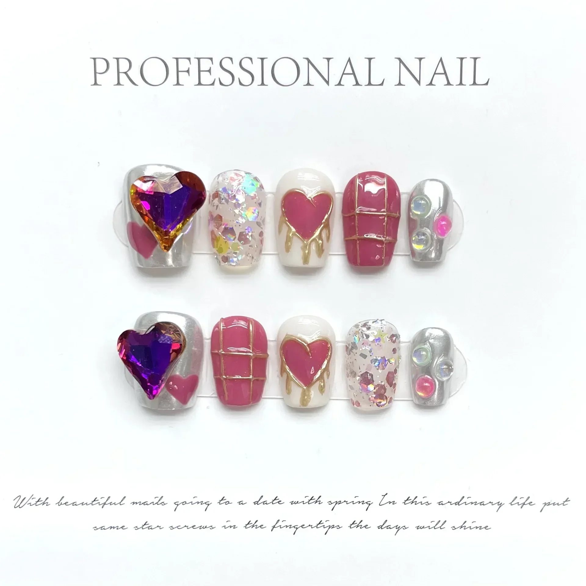 

10Pcs Handmade Pink Press on Nails Heart Design Fake Nails Full Cover Artificial Coffin Manicure Wearable Nails For Spice Girls