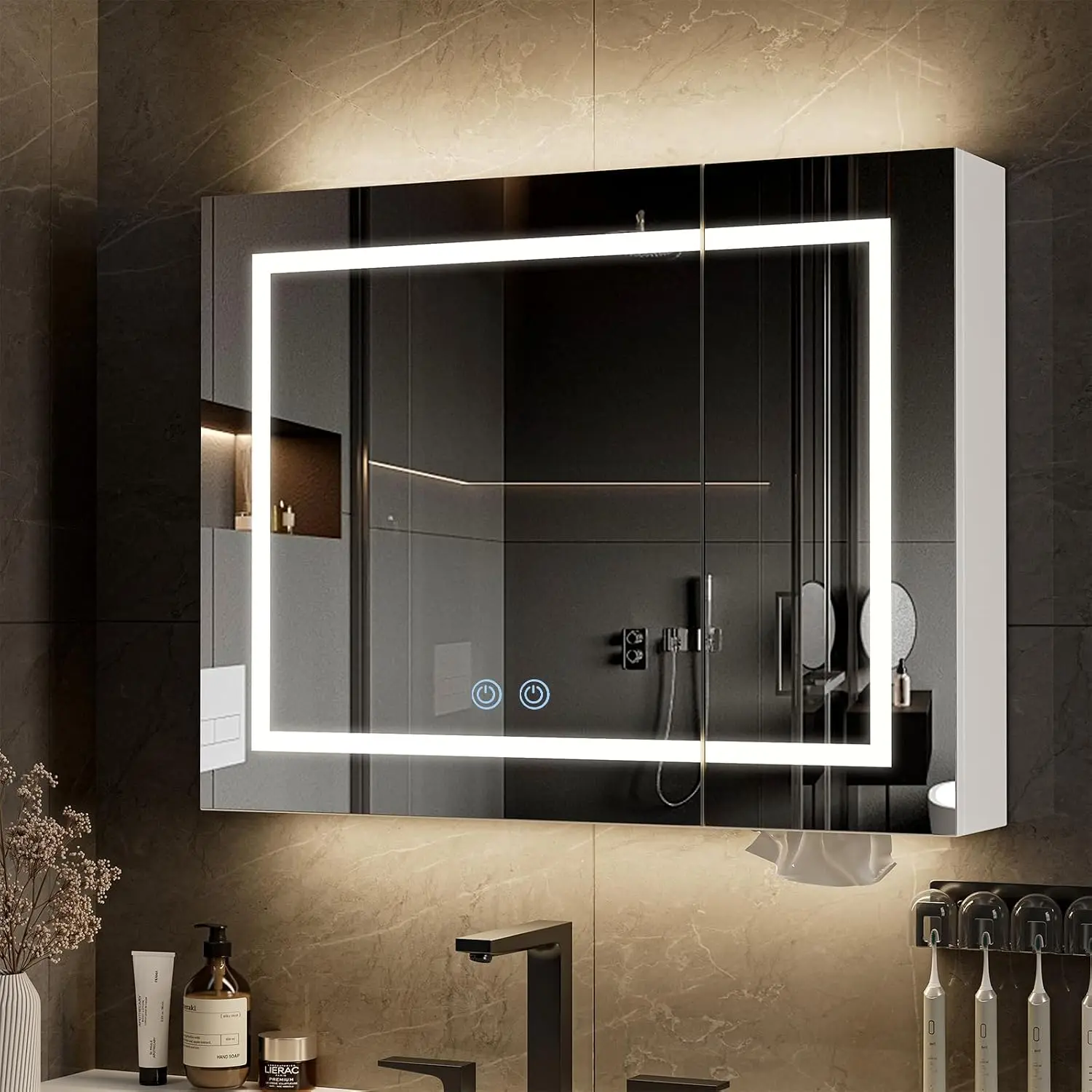 White Medicine Cabinet with Mirror & LED Light, Anti-Fog Dimmable Wall Mounted Tempered Glass, 24