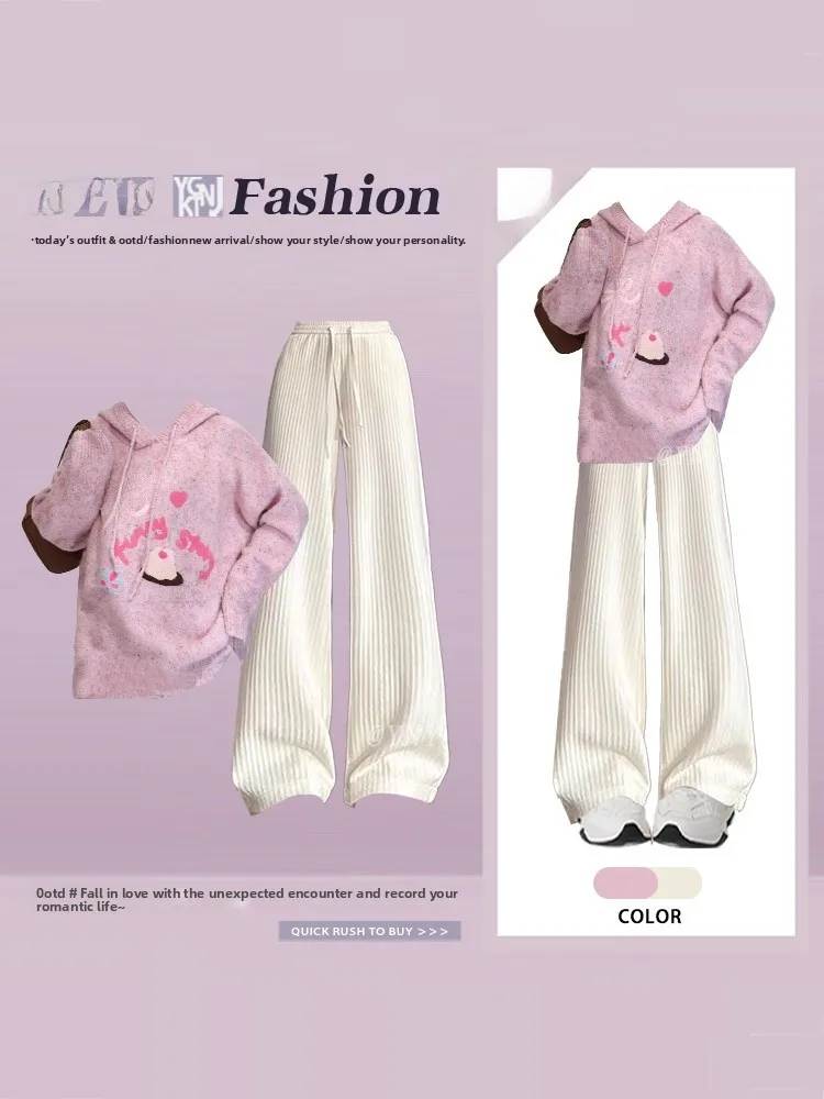 

Large Size Hooded Floral Knit Sweater Casual oulder Drop Cuff Spring Casual Pants Two Piece Set for plus Size Women Pink