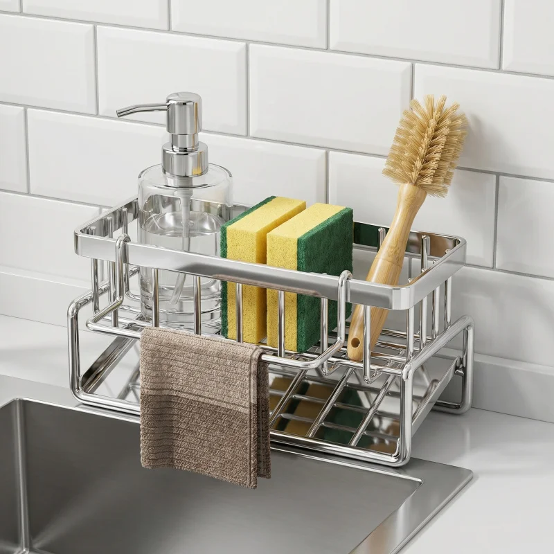 Kitchen countertop rag rack, sink stainless steel storage rack, draining rack, sponge, cleaning cloth, dishwashing liquid storag