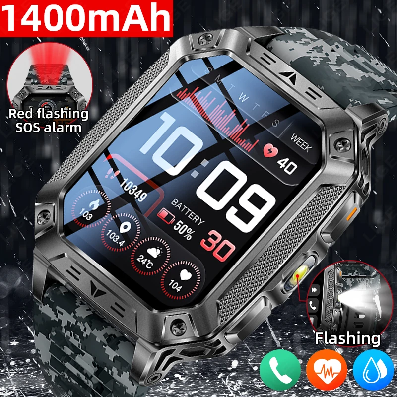 

New Rugged Military Smart Watch Men 1400mAh Large Battery Heart Rate Blood Oxygen Monitor Flashlight SOS Waterproof Smartwatch