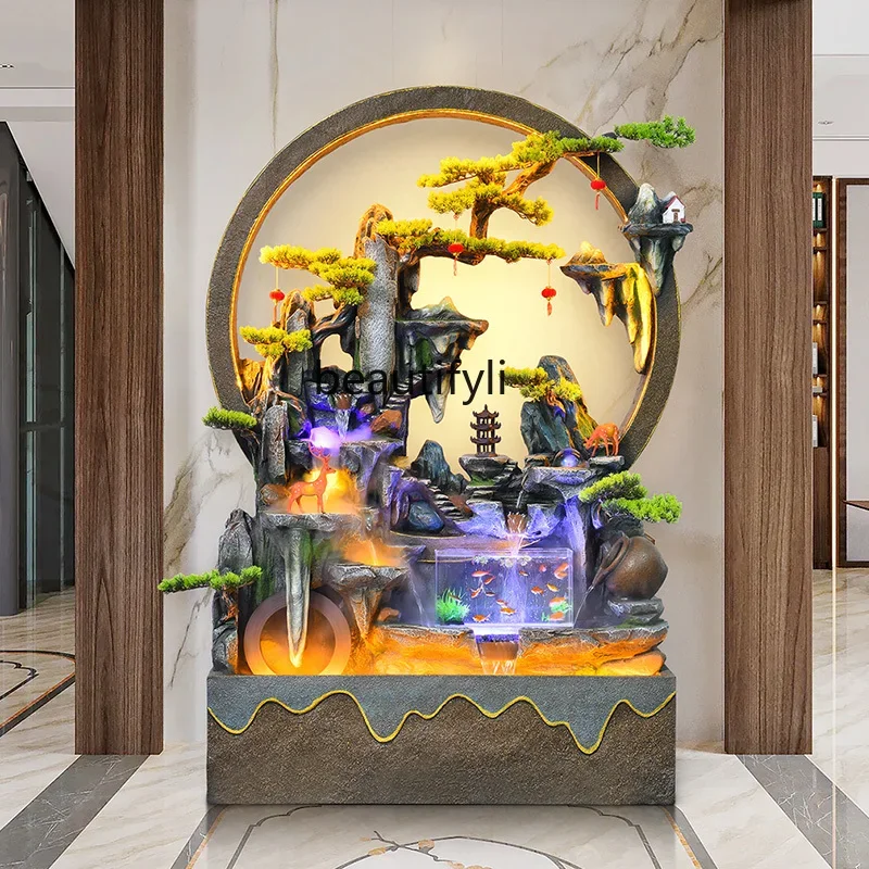 TV cabinet next to rockery flowing water fish tank landscaping circulating  Chinese style lucky large floor ornament