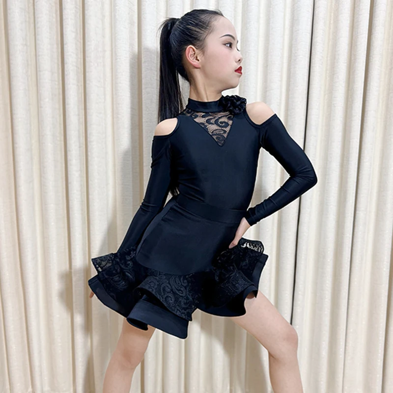 레이스 라틴 댄스 슈트 소녀 블랙 퍼포먼스 의상 긴팔 바디수트 러플 스커트 키즈 라틴 무대 의상 연습복 4281