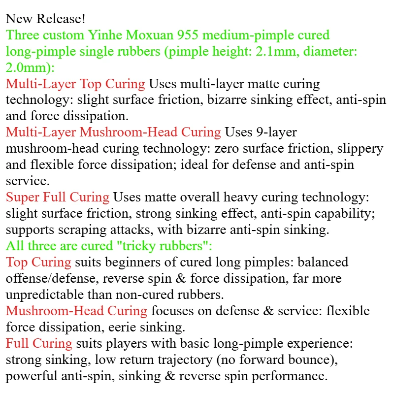 YINHE 955 Cured Table Tennis Rubber Green Blue Long Pimples OX Medium Particles 955 Ping Pong Without Sponge Rubber Anti-spin image 6