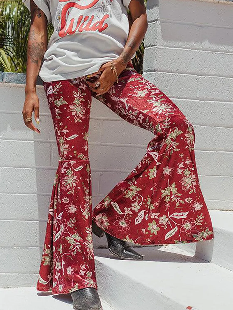 Women High Waist Flare Pants Ethnic Style Floral Print Flare Slim Trousers For Women Spring Summer Wide Leg Sweatpants Bottoms