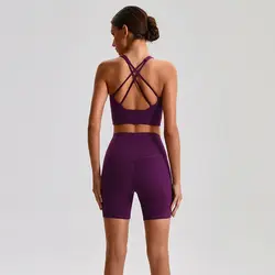 Solid Color Women Sports Suit High Waist Shorts Legging Fitness Bra 2pcs Short Legging Yoga Set Gym Workout Training Chest Pad