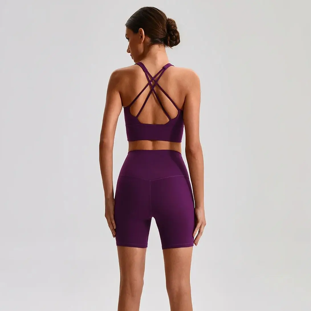 Solid Color Women Sports Suit High Waist Shorts Legging Fitness Bra 2pcs Short Legging Yoga Set Gym Workout Training Chest Pad