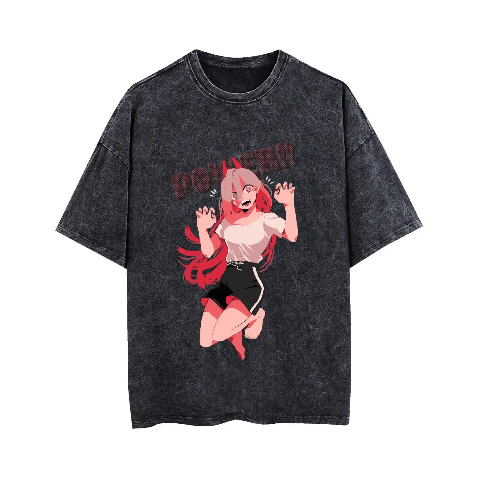 chainsaw man power blood devil playful vintage washed t shirt 2026 summer oversized graphic tee for men women casual cotton tops