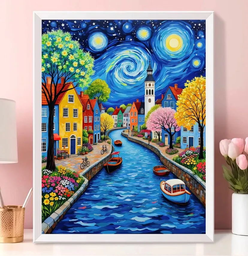

9ct 65X85cm Starry Night Riverside предварительно напечатанный набор для вышивки крестом DIY набор для вышивания ремесленная нить игла поделки