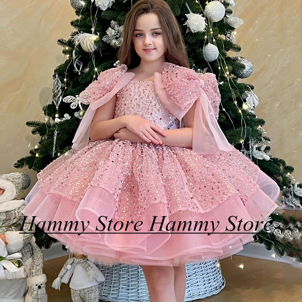 

Cute Flower Girl Dress Children Party Gown for Birthday Big Bow Beads Sequined Puff Knee Length First Communion Gown Christmas