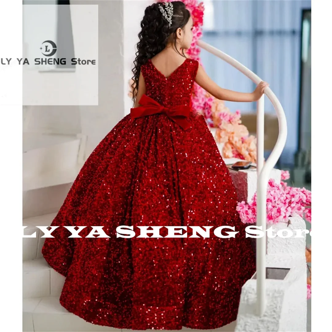 

Burgundy Flower Girl Dresses Sequin With Bow And Trailing Sleeveless For Wedding Prom Birthday Party Banquet Princess Gowns