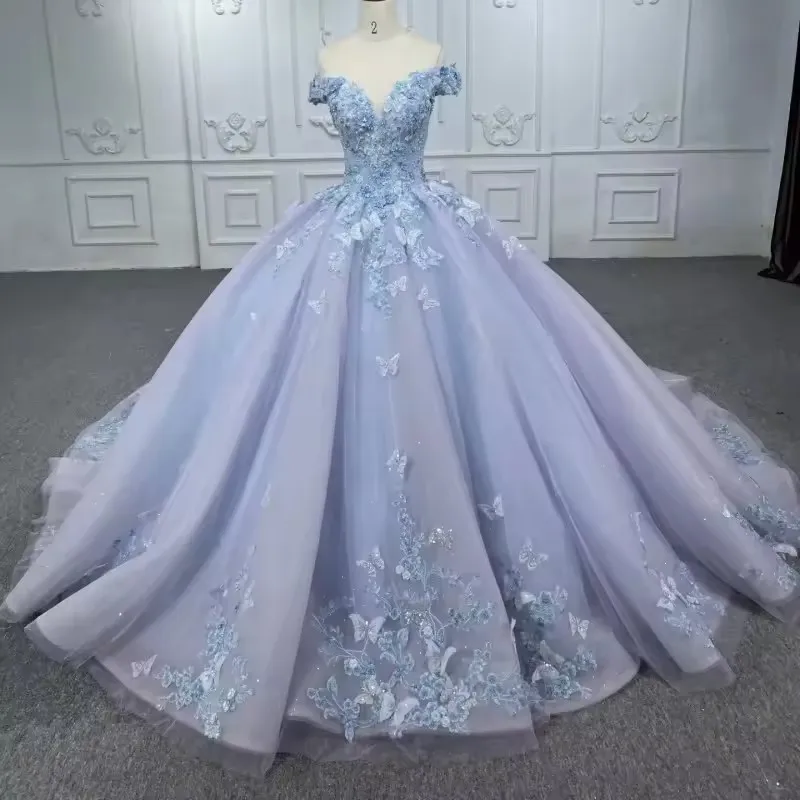 Light Blue Shiny Quinceanera Dresses Off The Shoulder Lace Applique Beading Tulle  Vestido De 15 Años 3D Florals  Sweet 15 Dress