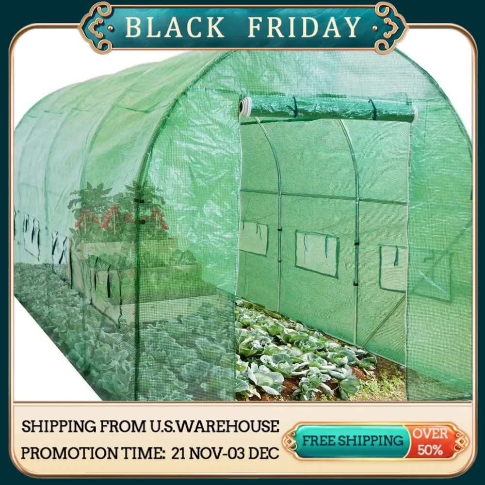 15x7x7ft Walk-in Greenhouse Tunnel Garden Accessory Tent for Backyard Home Gardening W/ 8 Roll-Up Windows Zippered Door