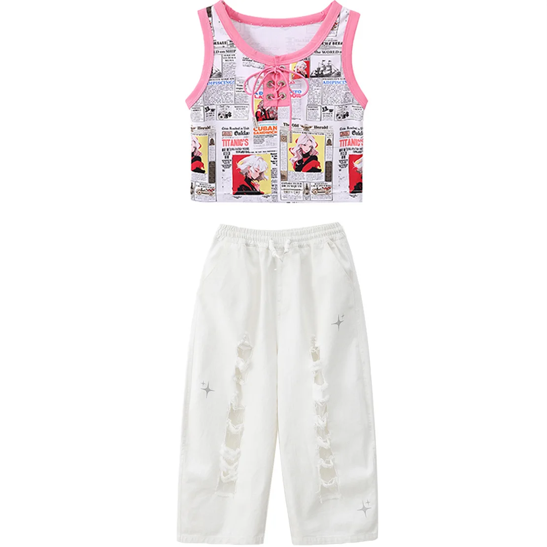 طفل Kpop الهيب هوب الملابس صحيفة طباعة المحاصيل تانك القمم الأبيض عادية واسعة الساق ممزق السراويل لفتاة الجاز أزياء رقص الملابس