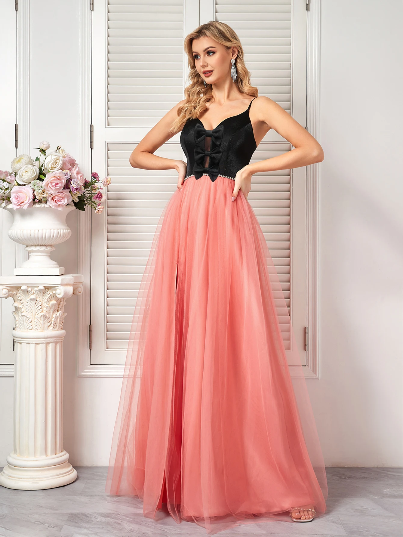 Luxury Deep V-Neck Sequin Pink Formal Evening Dress Women Elegant V-back Wedding Party Long Prom Cocktail Gown