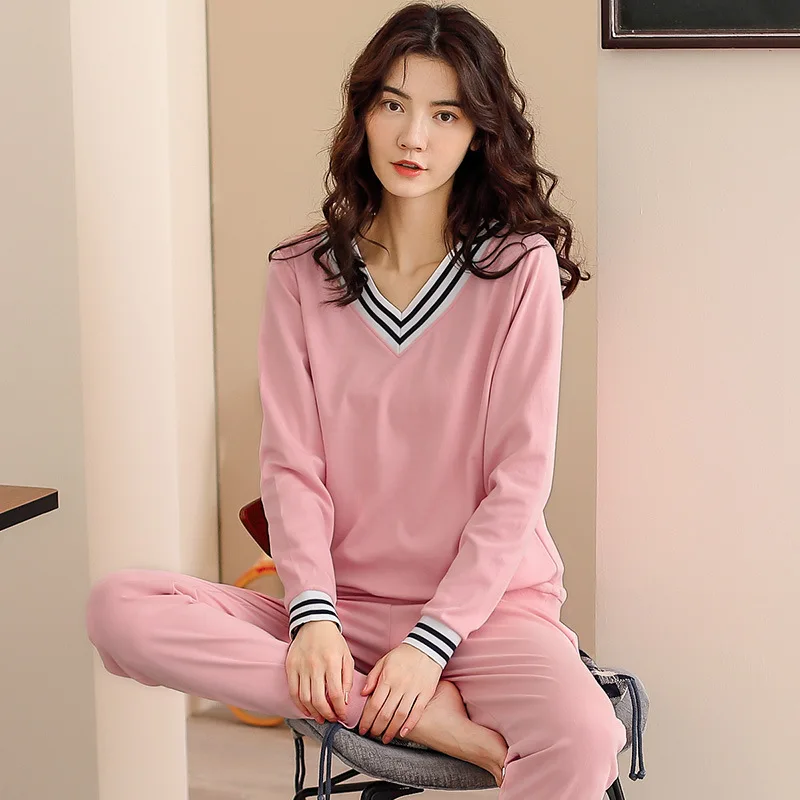 

Autumn And Winter Pure Cotton Pajamas, Women's Solid Color V-neck Long Sleeved Pajama Set, Simple Fashionable Home Wear New Sty