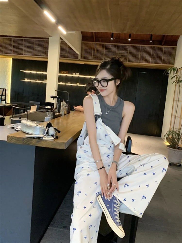 Sweet Floral Jumpsuit Women Button Fly High Waist Wide Legs Full Length Trousers Korean Small Fresh Blue Jumpsuits