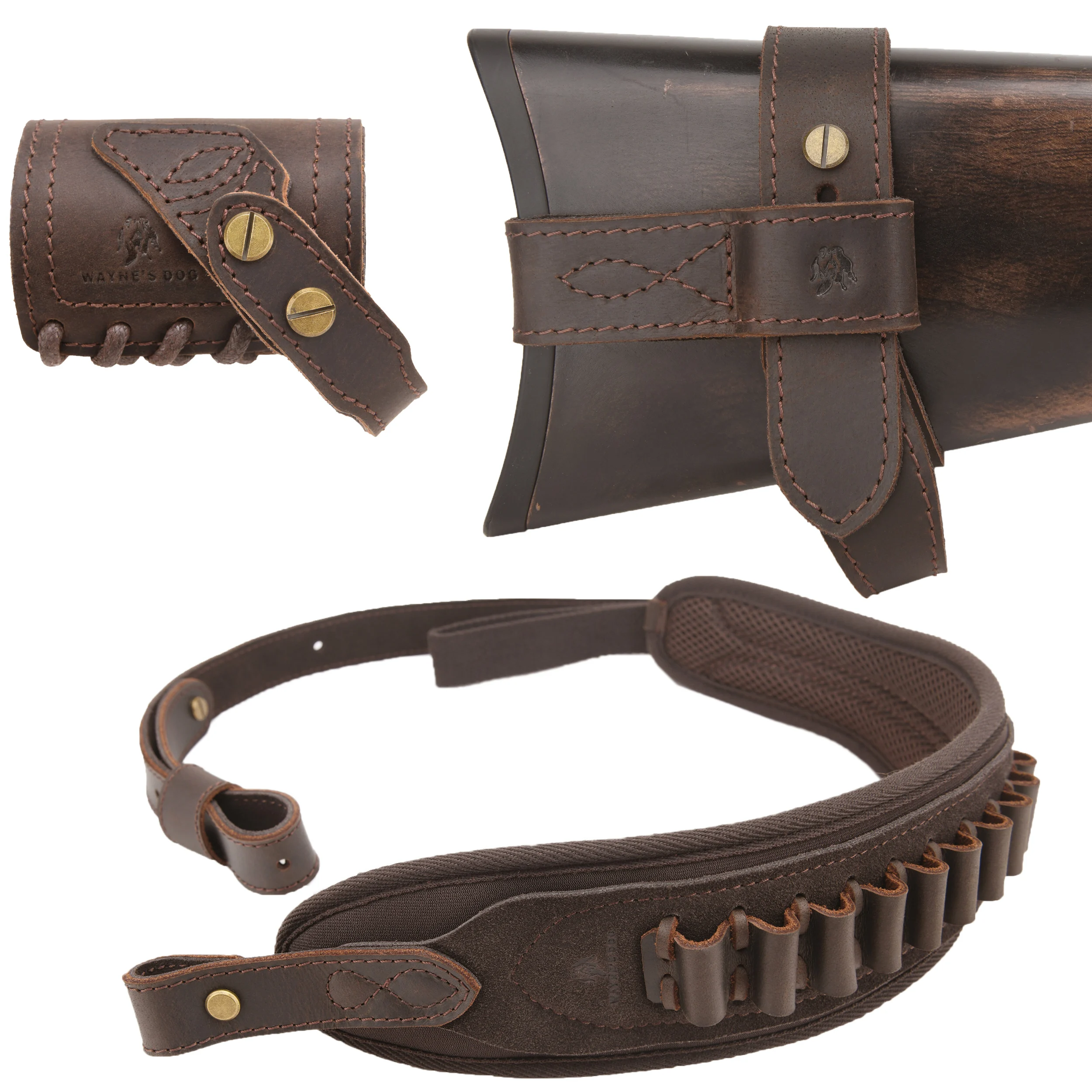 

No Drill Hunting Leather Gun Buttstock Cover with Canvas Shell Holder Sling .44MAG .308 .348 .22LR .357 .45/70