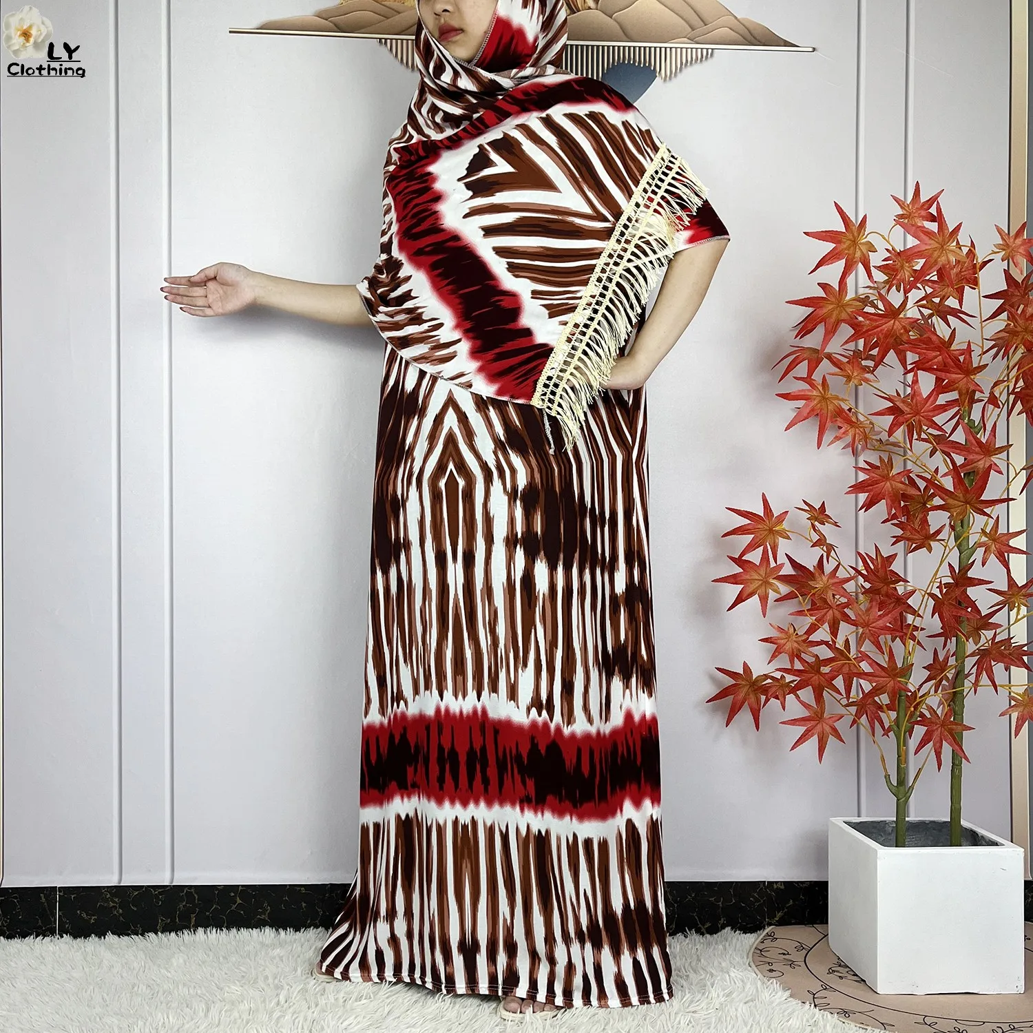 2024 New Style Short Sleeve African Dashiki Tie-dyed Cotton Abaya Caftan Lady Summer Maxi Islam Casual Dresses With Big Scarf