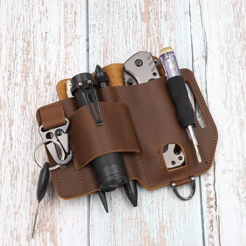 Men Leather EDCs Organizer Sheath Multi Tool Sheath Holder Holster Leather Outdoor Tool Holster Flashlight Folding Knife Pocket