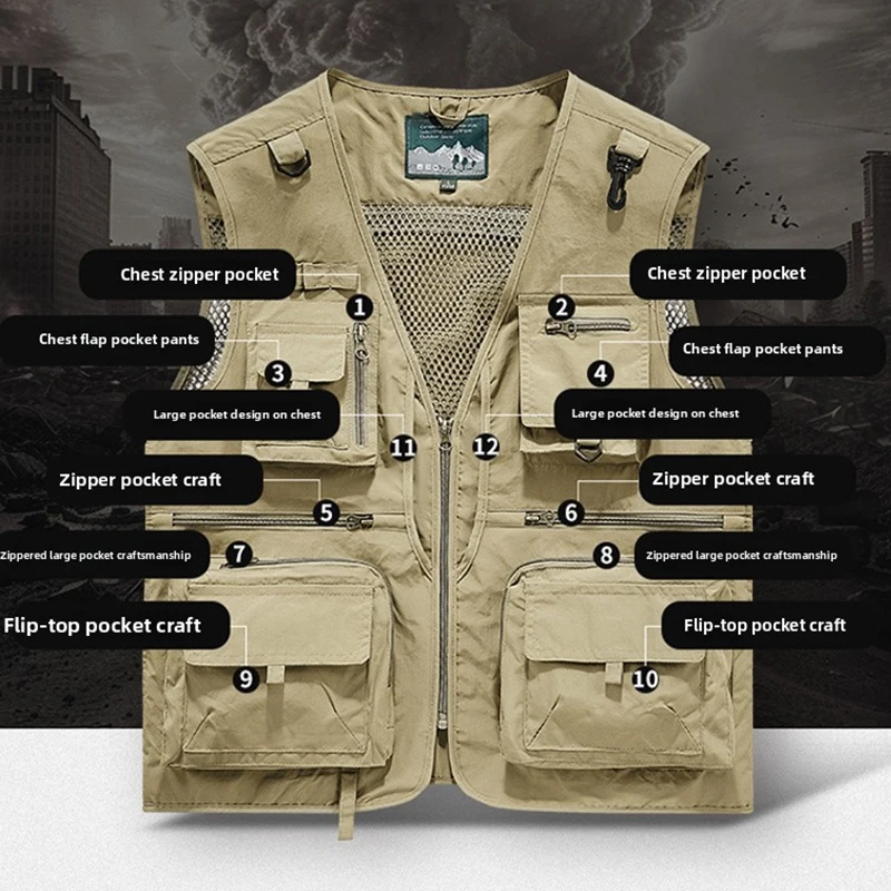Outdoor Vest Men's 14 Pockets Mesh Cargo Sleeveless Tactical Jackets Tool Hiking Fishing Brand Photographer Waistcoat Clothing