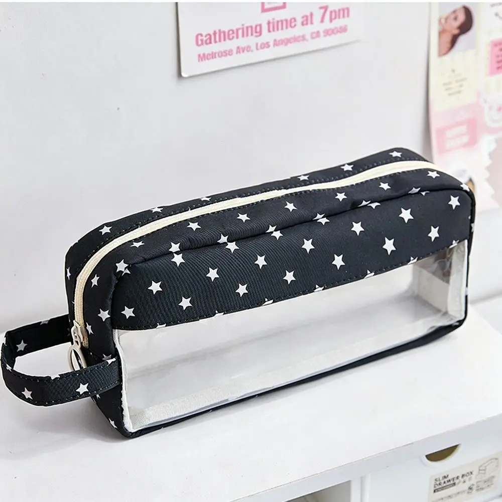 Portable Star Pattern Pencil Case Canvas Large Capacity Pen Pouch Zipper Stationery Organizer Student Supplies