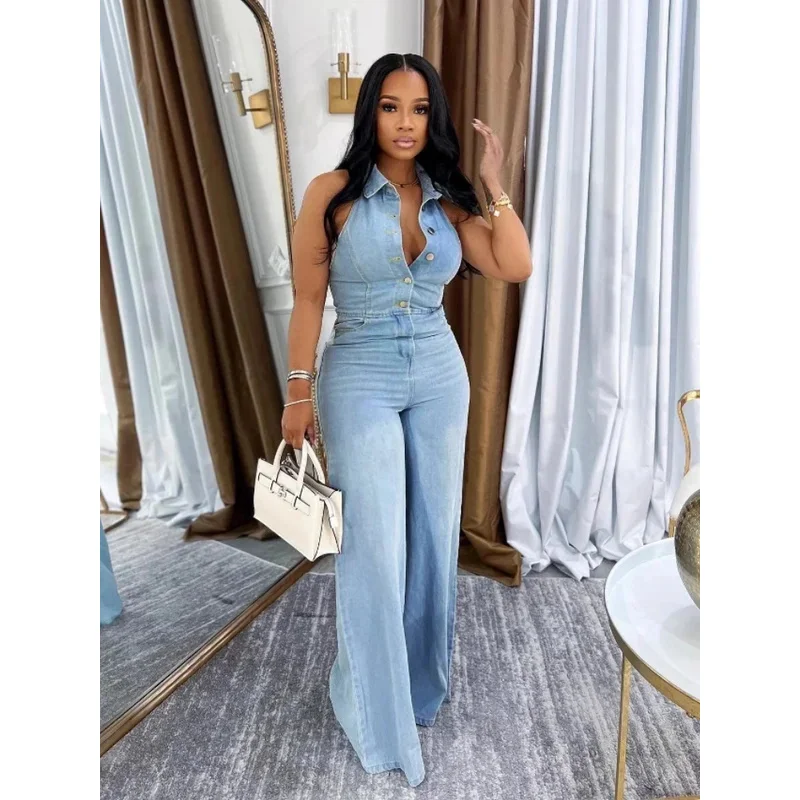 

BKQU Sleeveless Denim Jumpsuit Women Halter Neck Single Breasted Sexy Backless Wide Leg Jeans One Piece Jumpsuit Casual Overalls