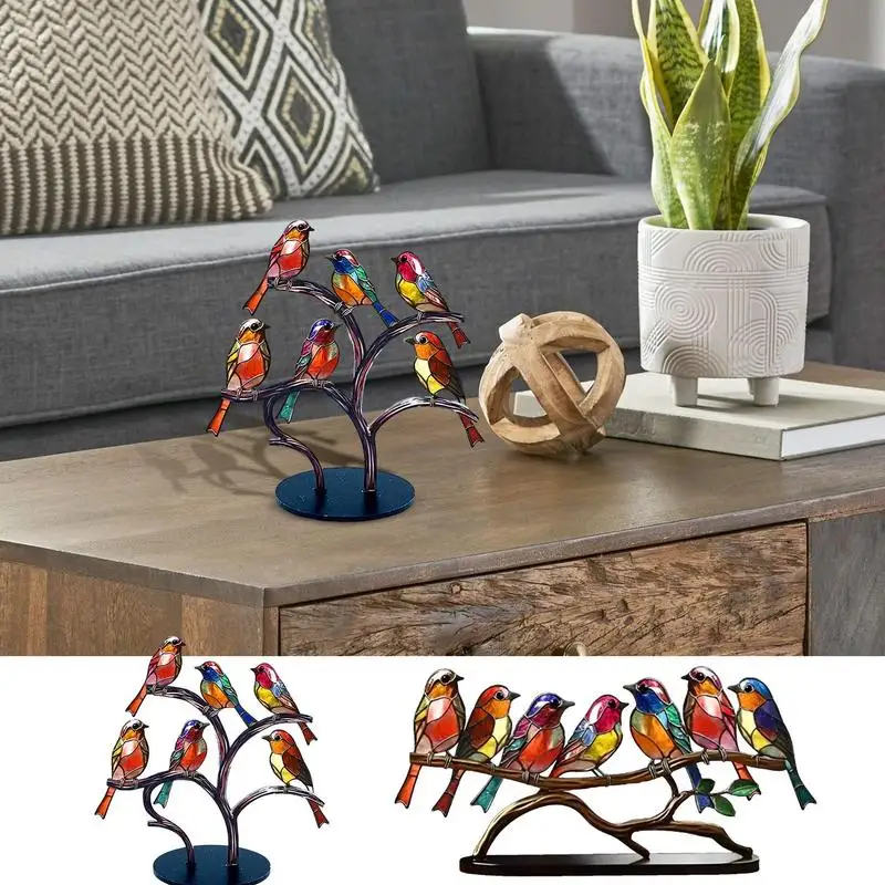 Stained Glass Birds On Branch Acrylic Multicolor Craft Statue Flatness Table Art Decorative Bird On Branch Desktop Gift Supplies