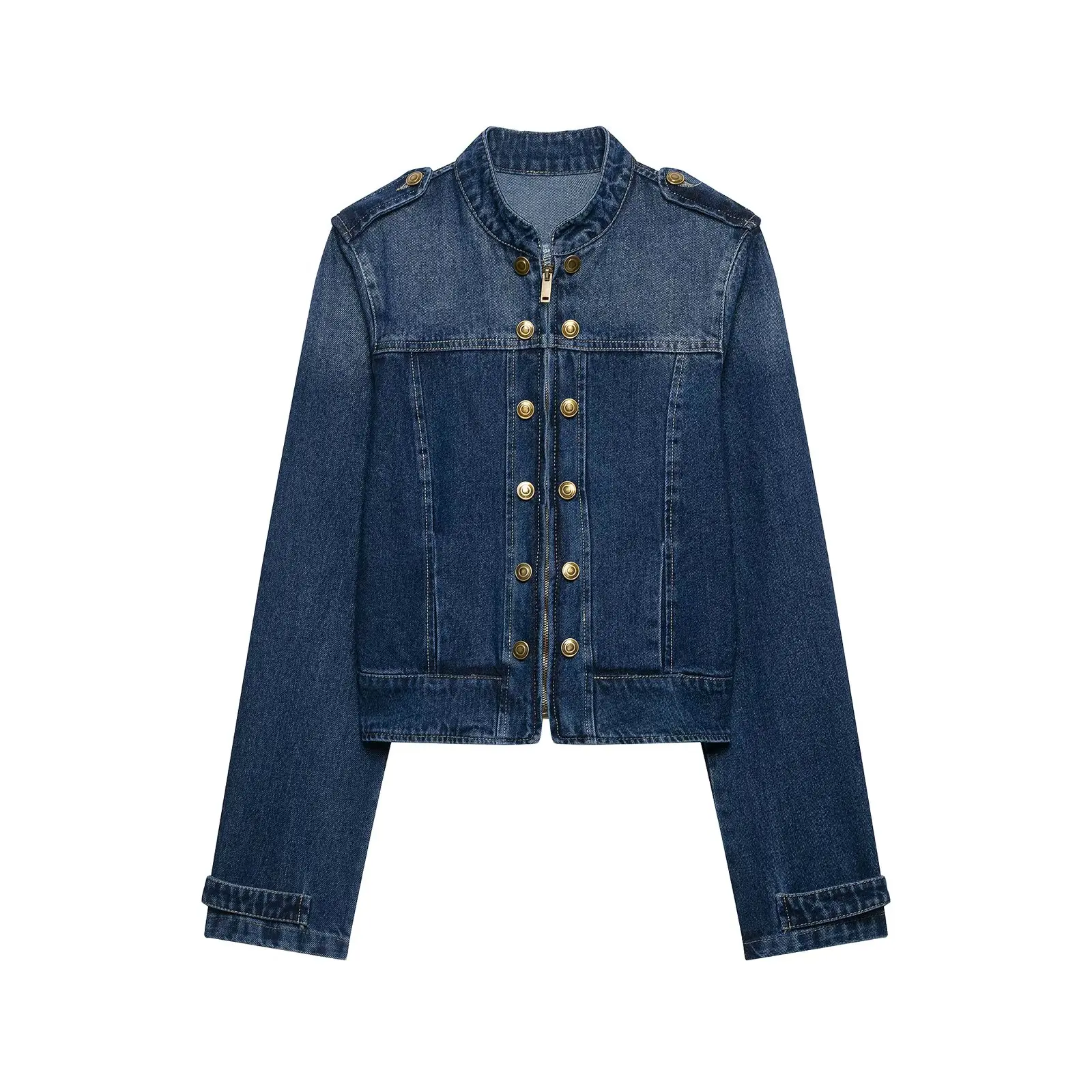 2026 Autumn Winter Women's Elegant Napoleon Navy Blue Denim Short Jackets Lady Street Chic Knot Button Zipper Coats Outerwear