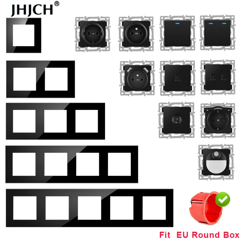 jhjch wall-mounted module diy European standard black glass panel socket switch button free combination function