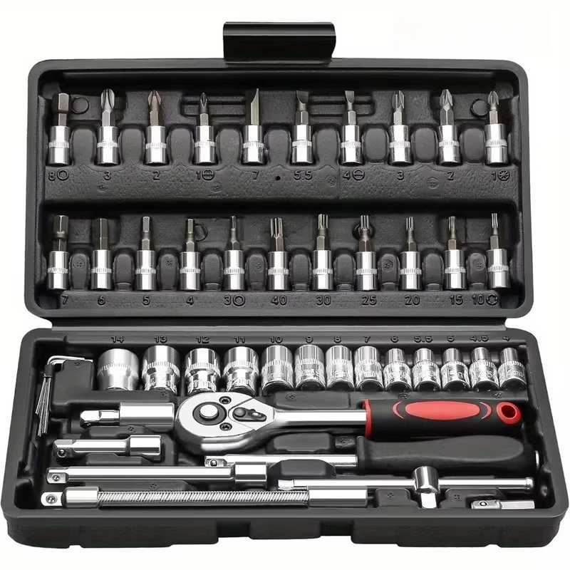 46pc Premium Stainless Steel Tool Kit with Ratchet Sockets for Automotive Bicycle Maintenance and DIY Projects