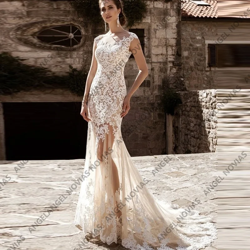 Angel Novias Champagne Wedding Dresses with Detachable Skirt Lace Bridal Dresses Customized Wedding Party Gown vestidos de novi
