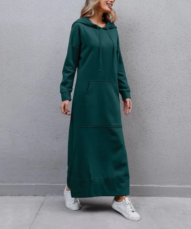 Bluzy z kapturem Sukienka dla kobiet Moda 2024 Sznurowana sukienka midi z kapturem Długa sukienka z kapturem Vestidos Zimowa ciepła luźna bluza na