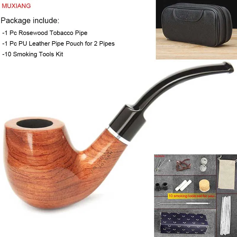 

RU-MUXIANG 10 Tools Kit Rosewood Tobacco Pipe Bent Mouthpiece Fit For 9mm Filter And PU Leather Pipe Bag Portable Smoking Pipe