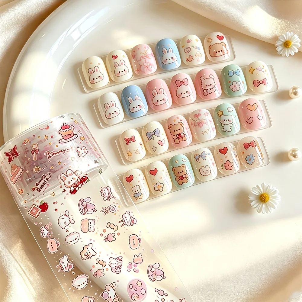 10 Rolls of Cartoon Nail Art Transfer Stickers in a Box, New Trendy Designs with Hearts, Bows, and Little Bears, DIY Graffiti Nail Art Tools, Transfer Paper