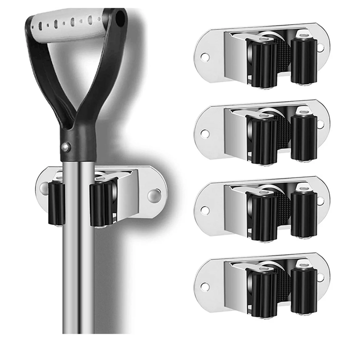 Mop and Broom Holder 4Pcs Mop and Broom Holder Wall Mount Heavy Duty Stainless Steel Broom Holder Broom Organizer Garden Garage - view 6